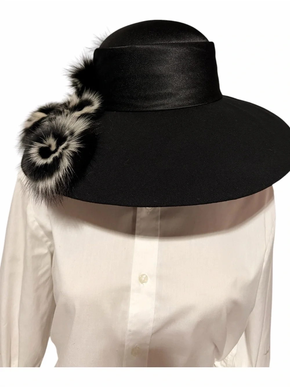 ML Studio Black Wide-Brim Wool Hat with Black & White Fur Pom Details